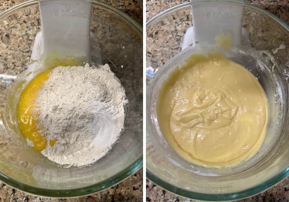 two photos; one shows flour, baking powder, and salt added to the cake batter in the mixing bowl; the other shows milk mixed into the batter as well.