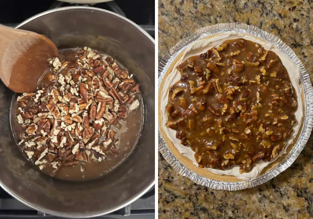 two photos; one shows heavy crea, vanilla extract, and pecans added to the brown sugar mixture; the other shows the topping spread over the cheesecake filling.