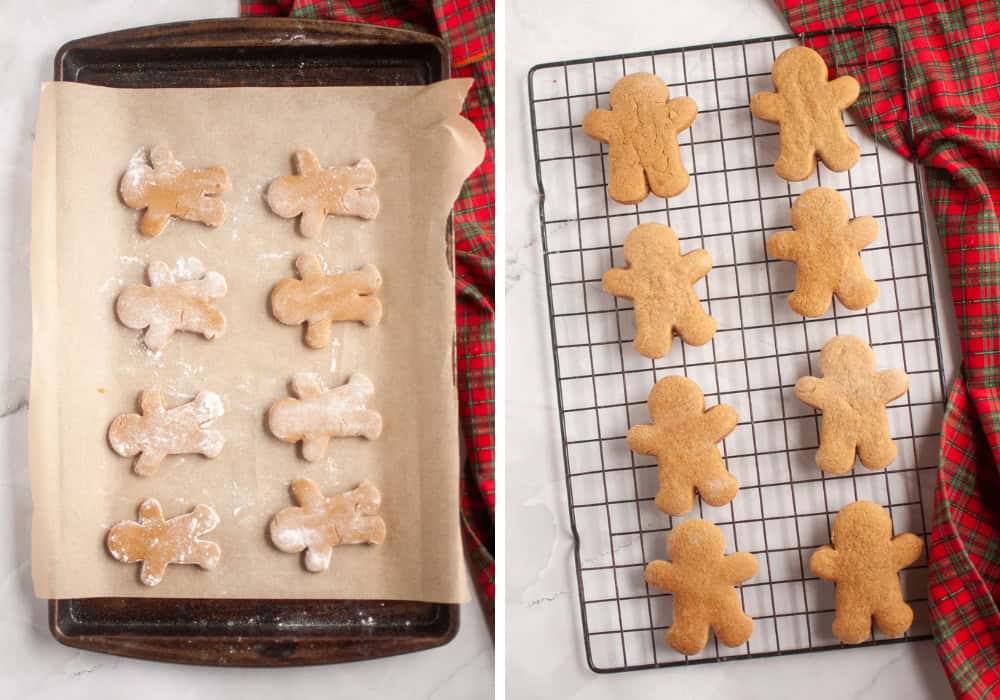 two photos; one shows cutout gingerbread cookies on a parchment-lined baking sheet; the other shows baked cookies on a cooling rack.