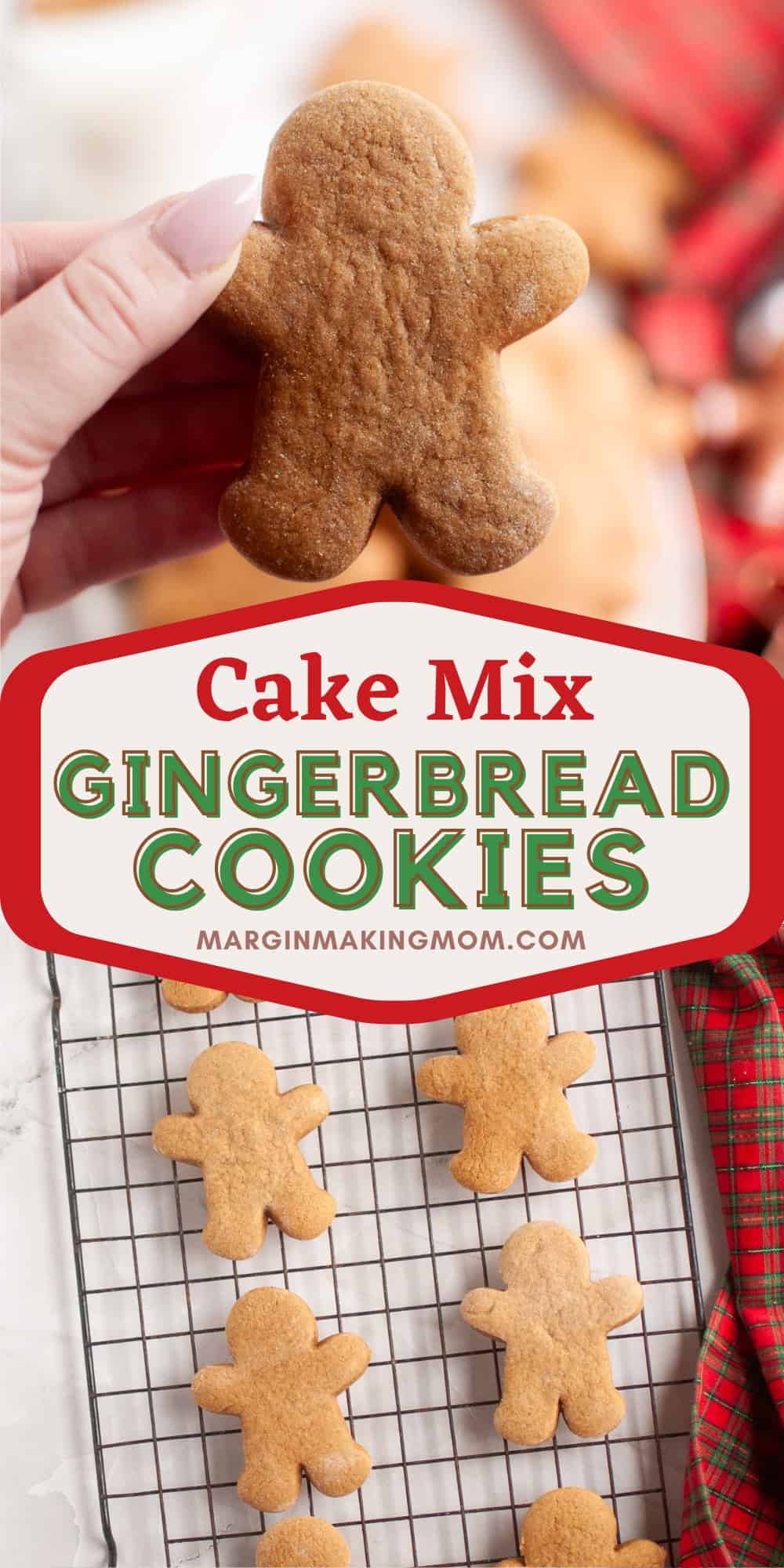 two photos; one shows a hand holding a cake mix gingerbread cookie; the other shows several spice cake gingerbread men cookies on a wire cooling rack.