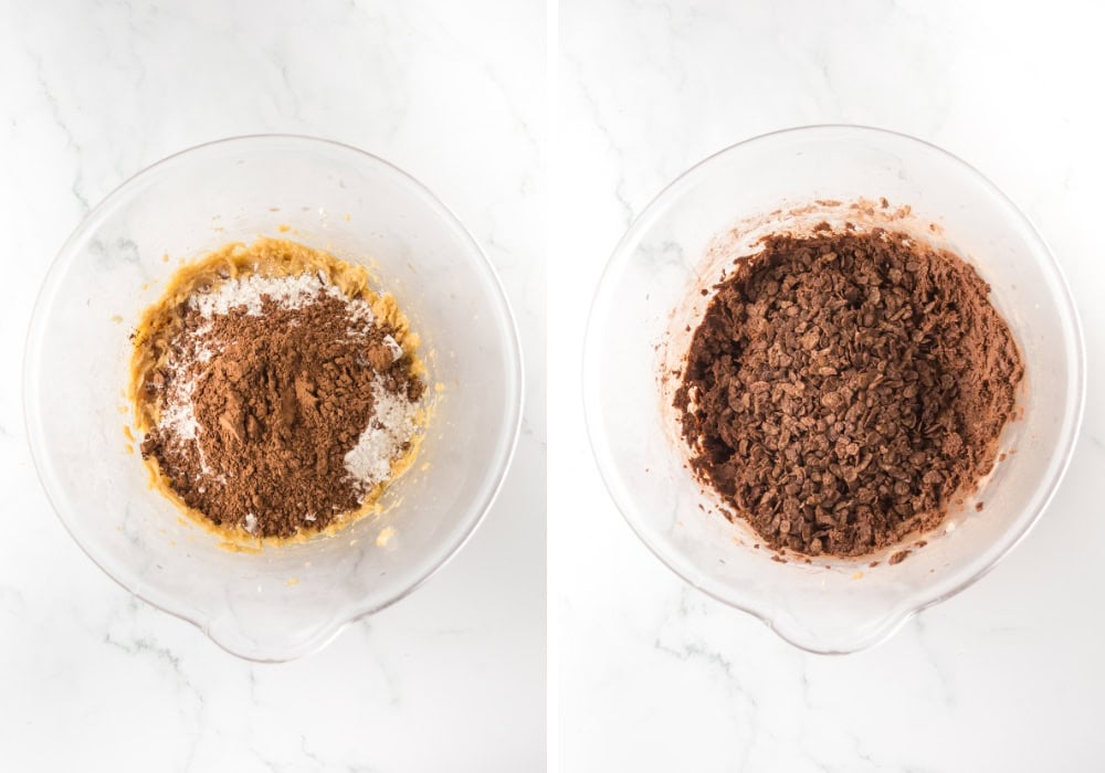 two photos; one shows dry ingredients added to wet ingredients in the mixing bowl; the other shows Cocoa Pebbles cereal added to the chocolate cookie dough.