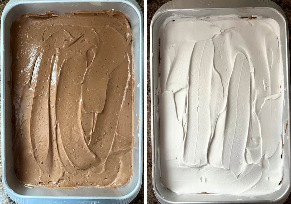 two photos; one shows pudding mixture spread over peanut butter layer; the other shows Cool Whip spread over the top.