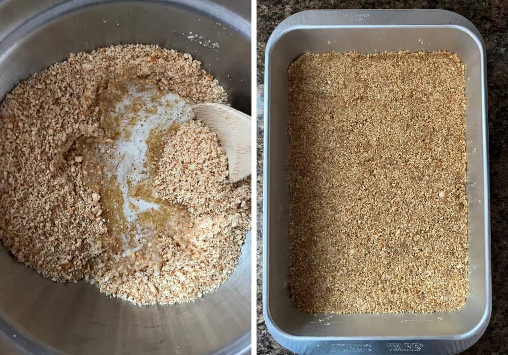 two photos; one shows crushed peanuts and vanilla wafers mixing with melted butter in a bowl; the other shows the crumbs pressed into a pan.
