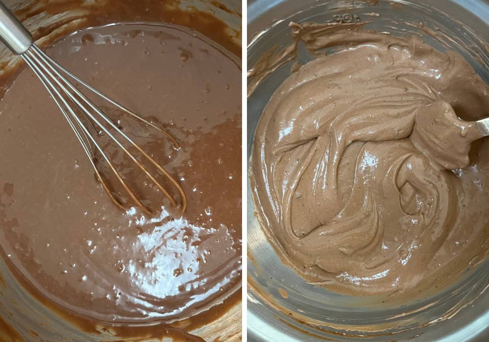 two photos; one shows chocolate pudding and milk combined in a mixing bowl; the other shows whipped topping folded into the pudding.