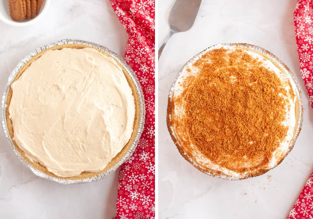 two photos; one shows gingerbread cream pie filling added to graham cracker crust; the other shows whipped topping and crushed gingersnaps added.