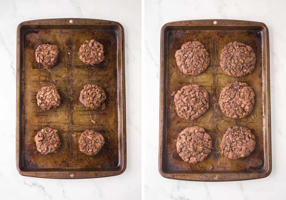 two photos; one shows rounds of cookie dough on a baking sheet; the other shows freshly baked cocoa pebbles cookies on the baking sheet.