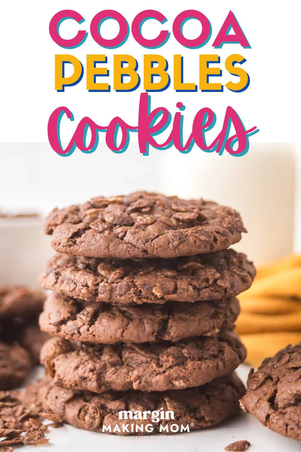a stack of five Cocoa Pebbles cookies.