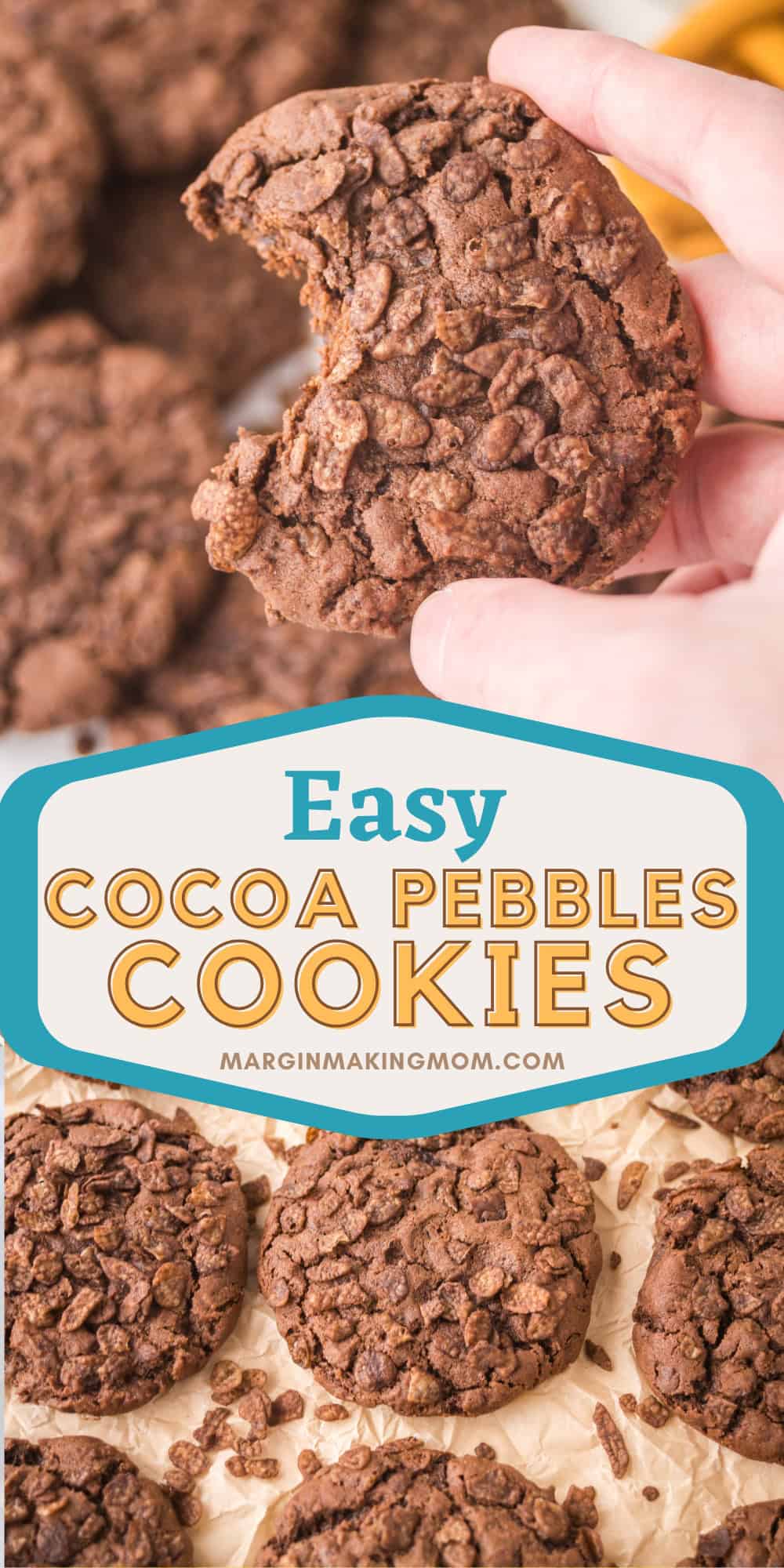 two photos; one shows a few Cocoa Pebbles cookies on parchment paper; the other shows a hand holding a cookie with a bite taken out of it.