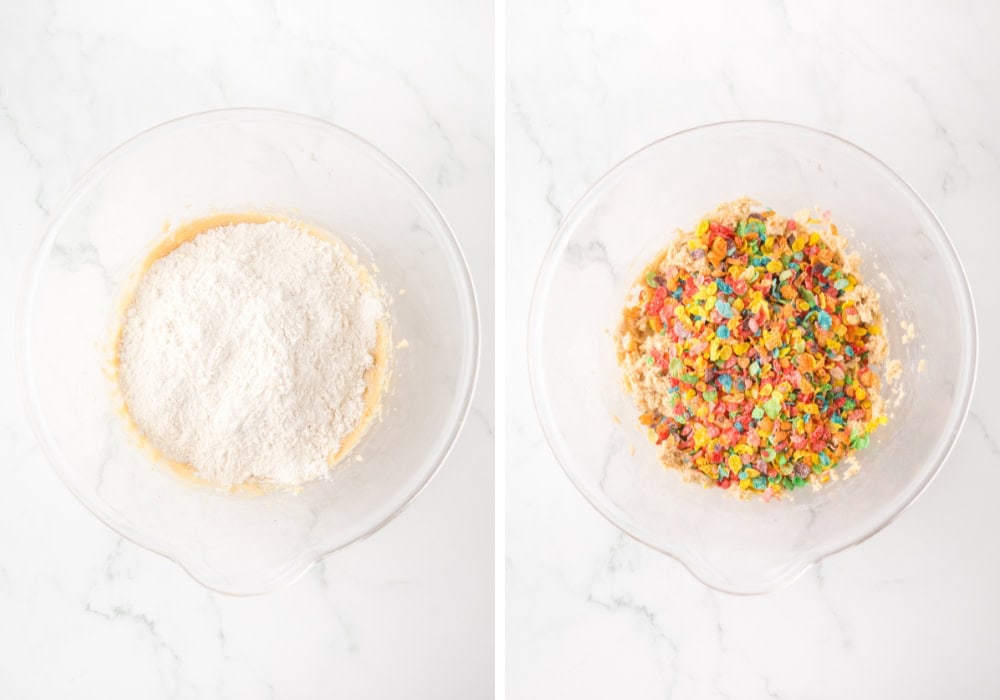 two photos; one shows dry ingredients added to the mixing bowl; the other shows Fruity Pebbles dry cereal added.
