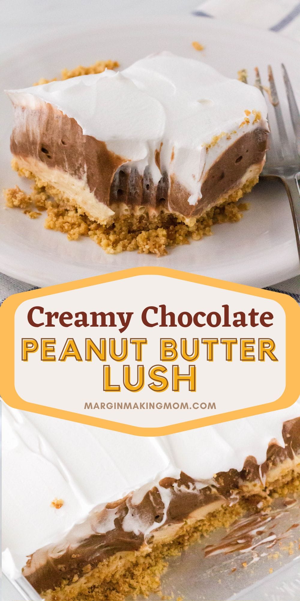two photos; one shows a slice of chocolate peanut butter lush with a bite taken out of it; the other shows the pan with a few slices removed.