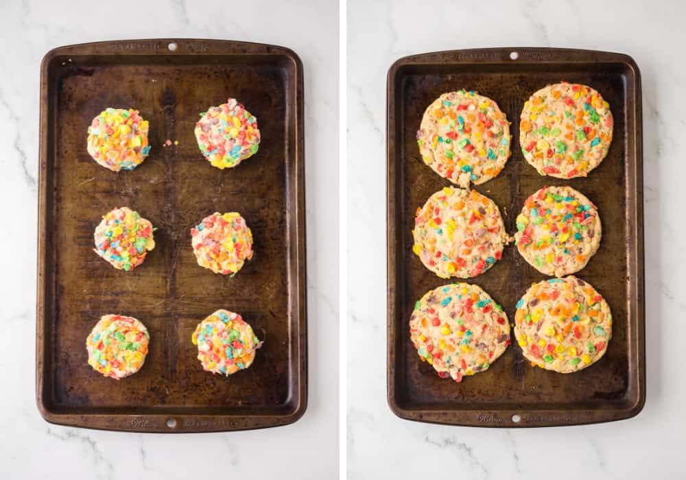 two photos; one shows cookie dough rounds on a baking sheet; the other shows freshly baked cookies topped with Fruity Pebbles.