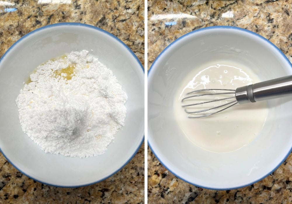 two photos; one shows powdered sugar and lemon juice in a small mixing bowl; the other shows them whisked together to form the lemon glaze for the mayo cake.
