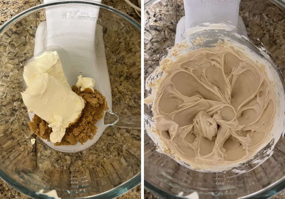 two photos; one shows cream cheese, brown sugar, and vanilla extract in a glass mixing bowl; the other shows those ingredients blended together.