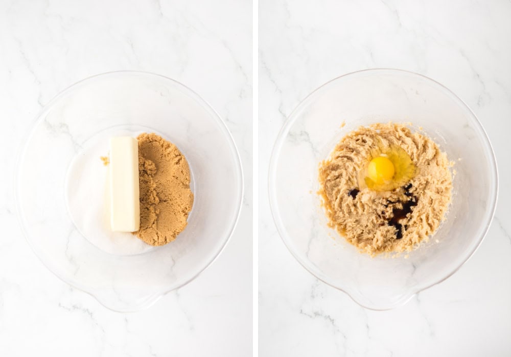 two photos; one shows butter, sugar, and brown sugar in a mixing bowl; the other shows them beaten together, with an egg and vanilla extract added.