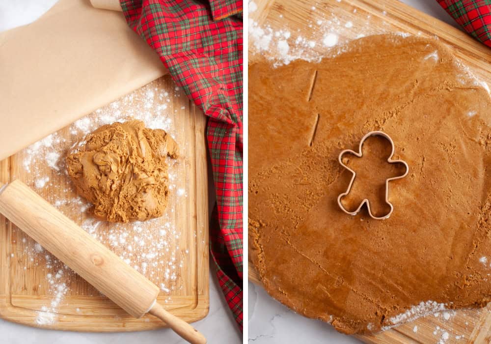 two photos; one shows chilled gingerbread cookie dough on a floured board with a rolling pin; the other shows a gingerbread man cookie cutter on rolled dough.