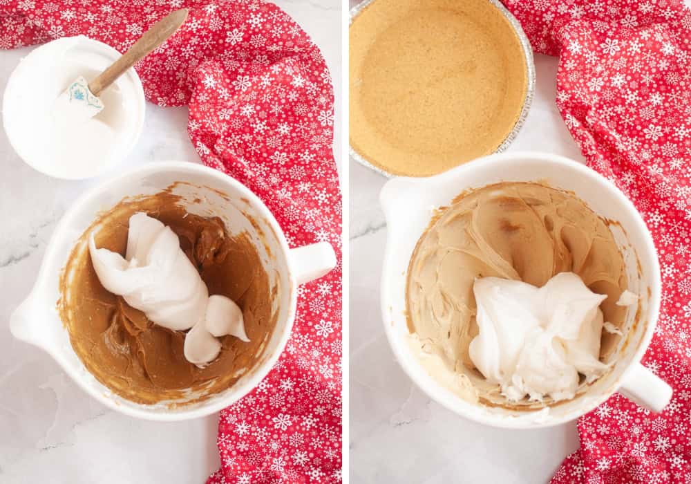 two photos; one shows a cup of whipped topping added to the gingerbread mixture; the other shows more whipped topping added.