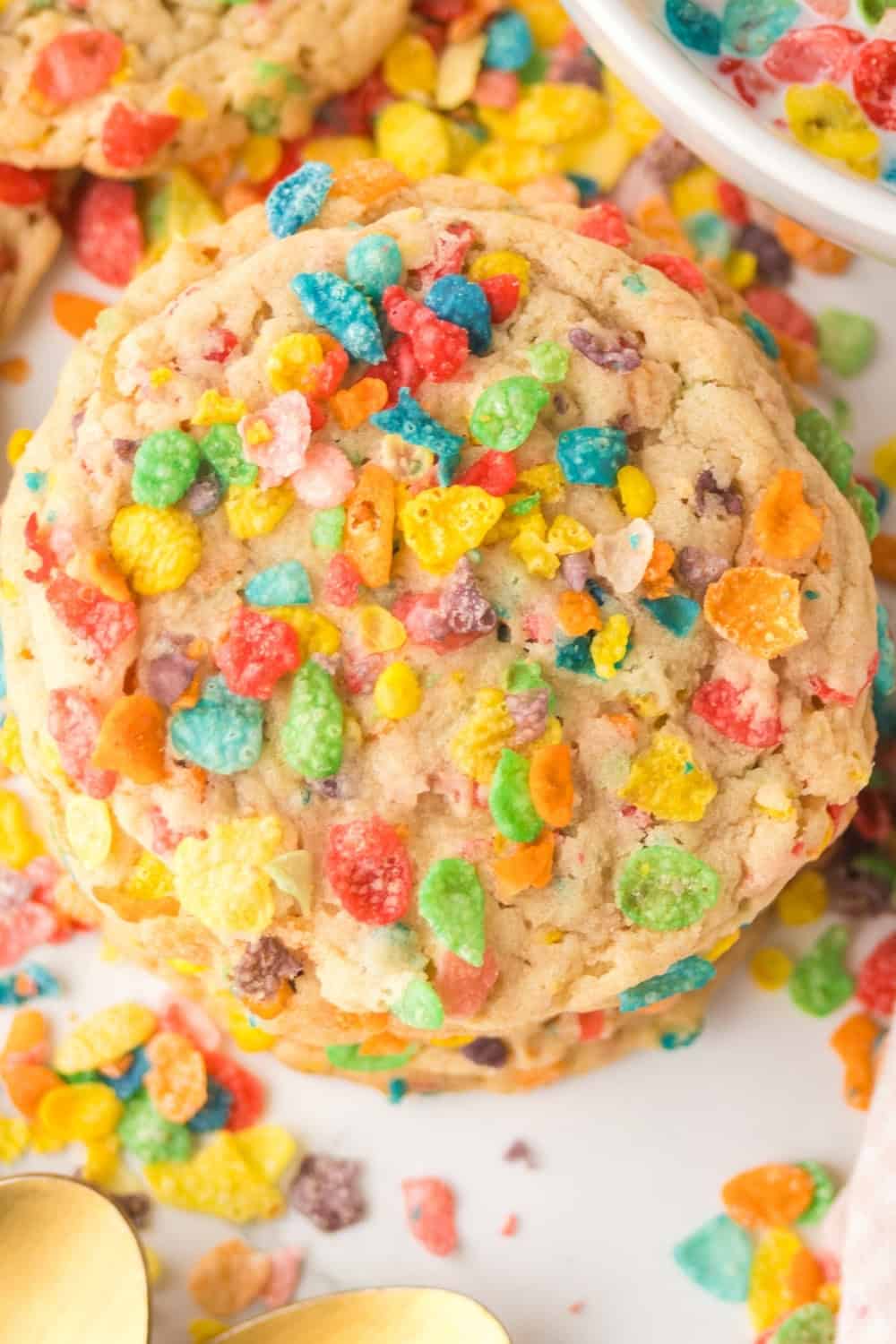 close-up overhead view of a copycat Crumbl Fruity Pebbles cookie.