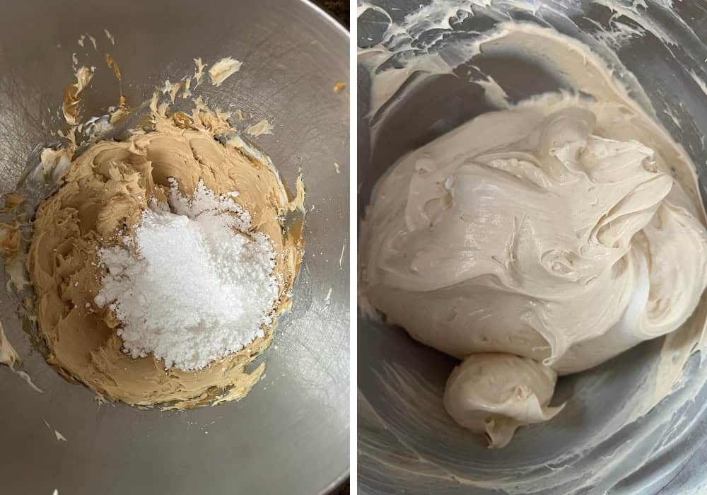 two photos; one shows peanut butter, cream cheese, and powdered sugar in a mixing bowl; the other shows whipped cream beaten into the mixture.