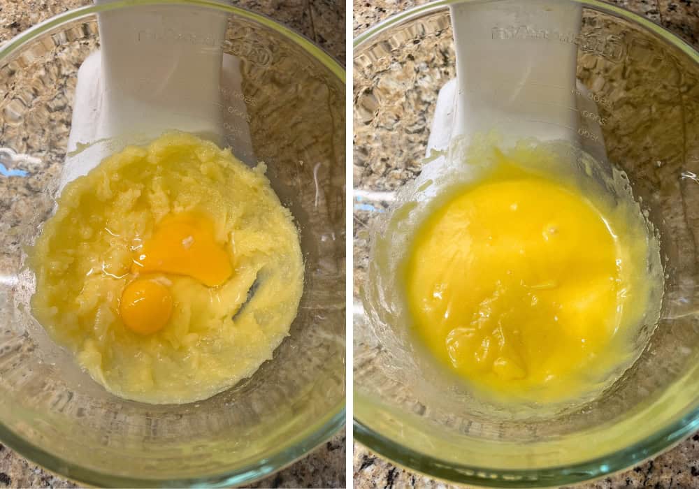 two photos; one shows eggs added to the batter for lemon mayo cake; the other shows the ingredients mixed together.