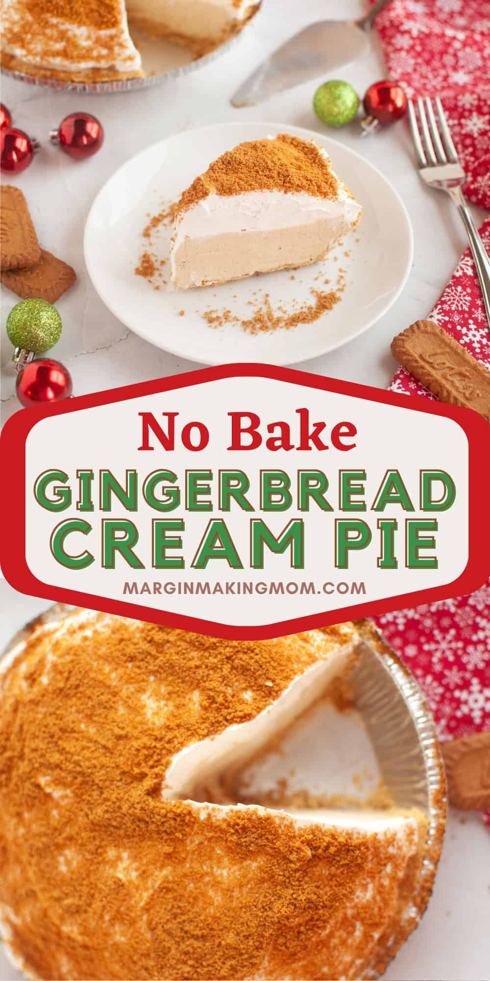 two photos; one shows a slice of no bake gingerbread pie on a white plate; the other shows the whole pie with a slice cut out from it.