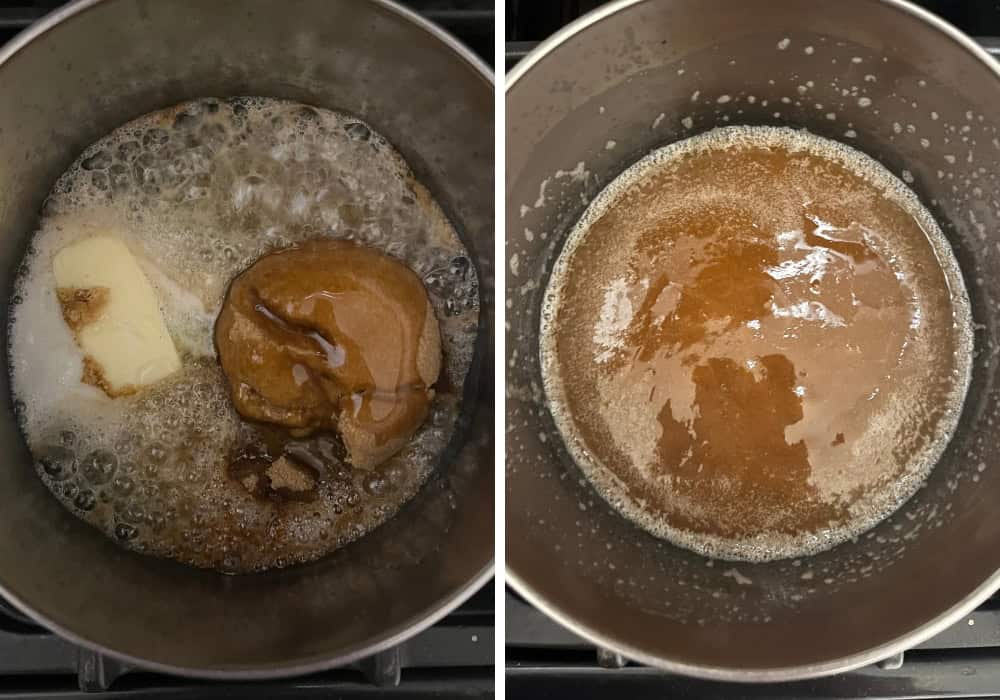 Two photos; one shows the corn syrup, butter, and brown sugar in a saucepan over medium heat; the other shows the mixture once melted together.