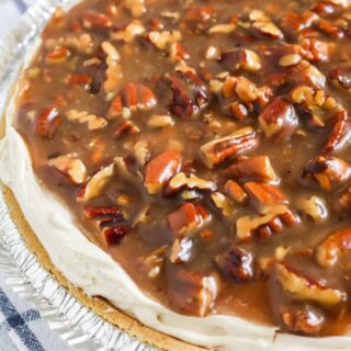 close-up side view of a no-bake pecan pie cheesecake.