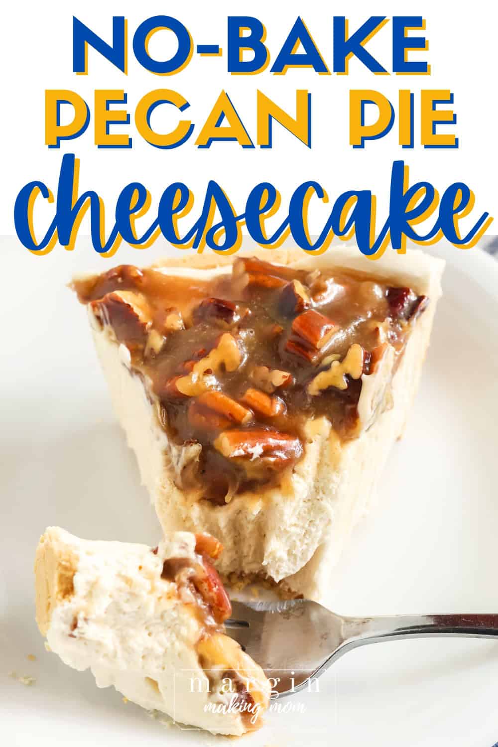 A slice of no bake pecan pie cheesecake on a white plate. A fork has removed a bite of the pie.