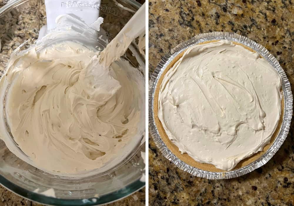 Two photos; one shows the whipped topping mixed into the pie filling; the other shows the pie filling spread into a store-bought graham cracker crust.