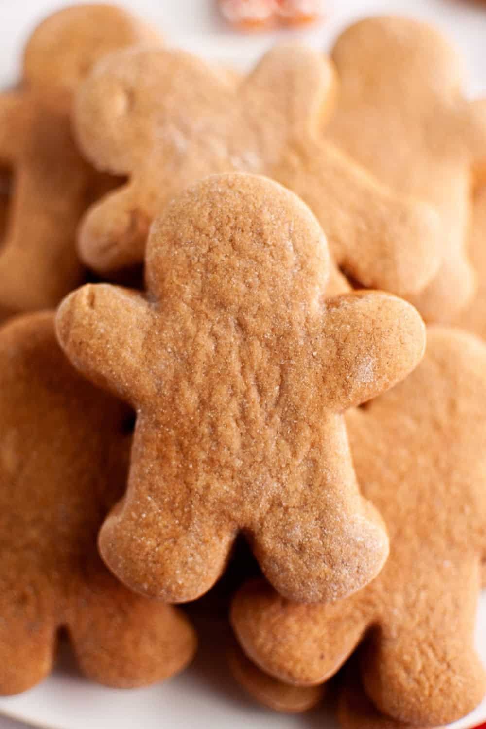 close-up view of a cutout gingerbread cookie that was made with spice cake mix.