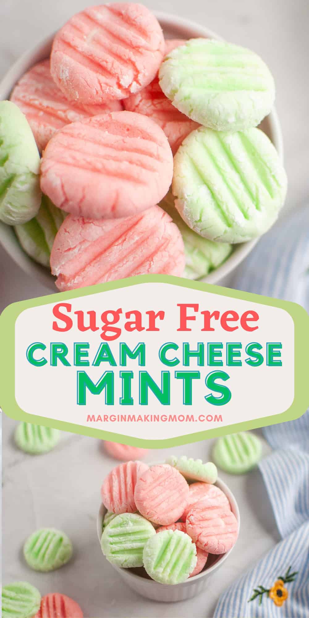 two photos; one is a close-up view of keto cream cheese mints; the other shows the mints in a small white bowl.