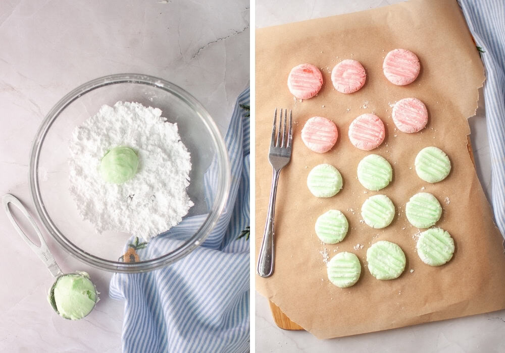 two photos; one shows a ball of mint dough being rolled in powdered sweetener; the other shows the cream cheese mints after being pressed with fork tines.