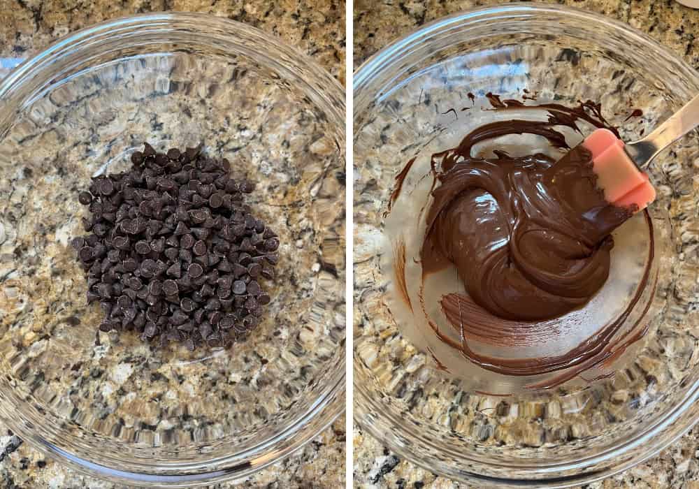 two photos; one shows sugar-free chocolate chips in a glass mixing bowl; the other shows melted chocolate in the same mixing bowl.