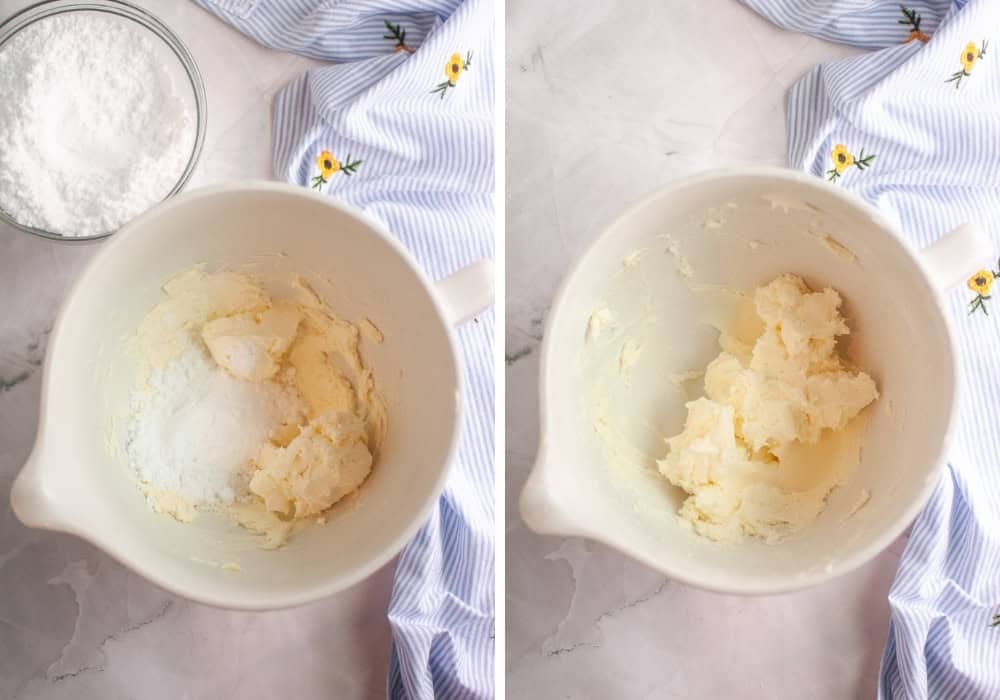 two photos; one shows sugar-free powdered sweetener being added to the bowl; the other show peppermint extract added as the dough is forming.