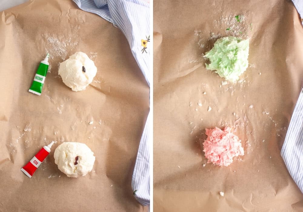 two photos; one shows the dough divided into two balls with gel food coloring added; the other shows the dough after food coloring has been kneaded in.