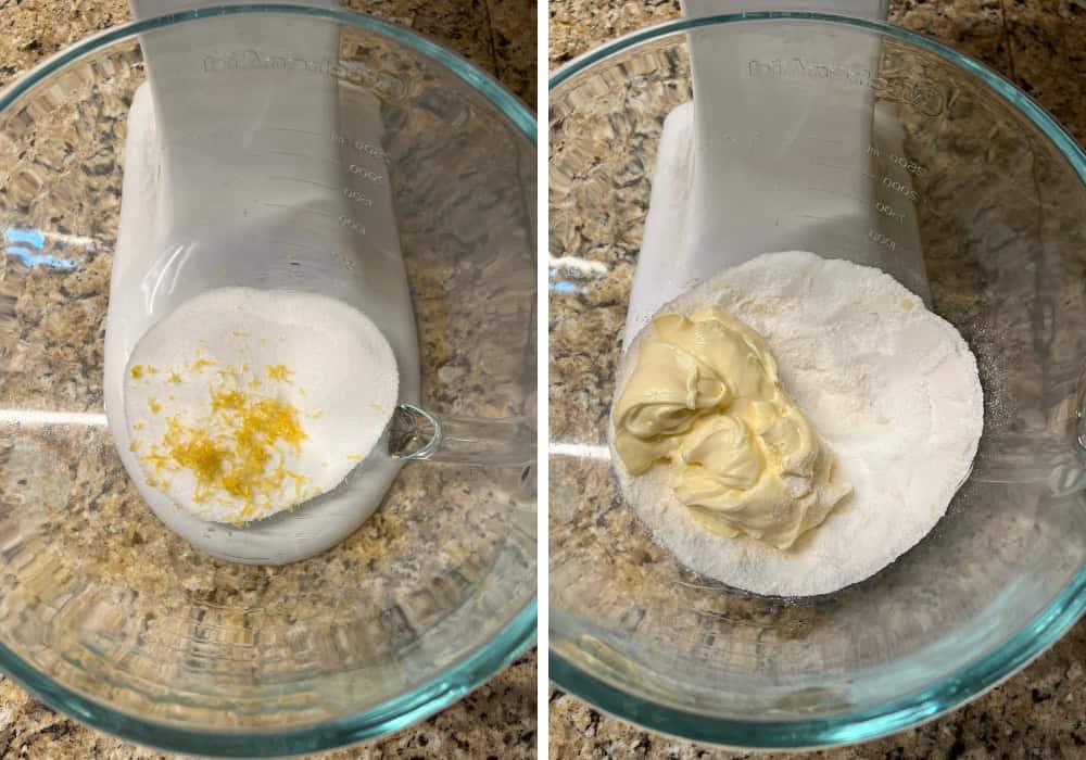 two photos; one shows sugar and lemon zest in the glass bowl of a stand mixer; the other shows mayonnaise and lemon pudding mix added to the bowl.