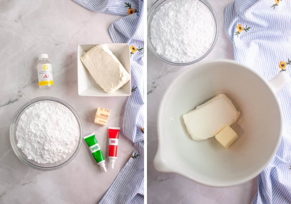 two photos; one shows ingredients for cream cheese mints; the other shows butter and cream cheese in a mixing bowl.