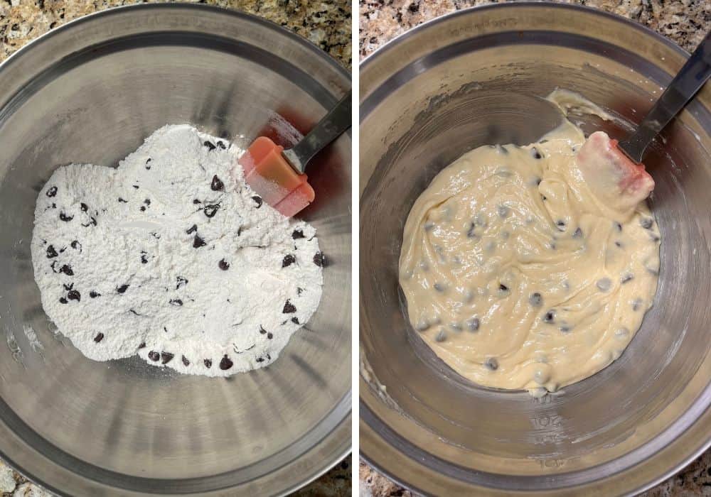two photos; one shows cake mix, pudding mix, and chocolate chips in a mixing bowl. The other shows milk added, and the mixture has been stirred into a cake batter.