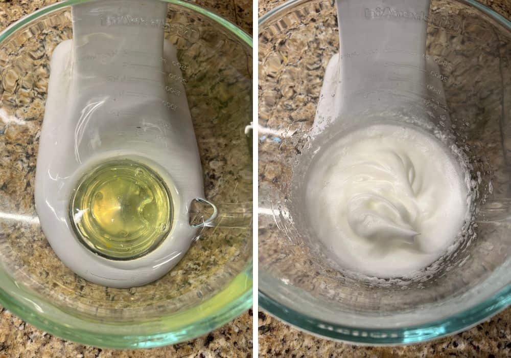 two photos; one shows egg whites in a glass mixing bowl; the other shows the egg whites beaten to stiff peaks.