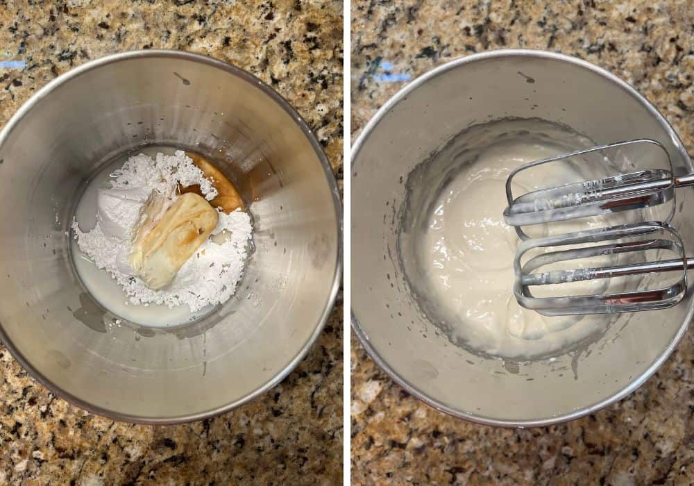 two photos; one shows cream cheese, powdered sugar, milk, and vanilla extract in a small mixing bowl; the other shows the ingredients beaten into a cream cheese icing with an electric mixer.