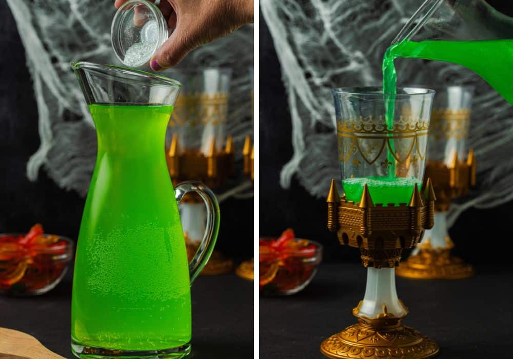 two photos; one shows edible glitter being poured into the pitcher of Halloween punch; the other shows the punch being poured from the pitcher into a glass for serving.