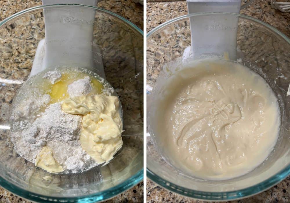 two photos; one shows ingredients for cake batter in a glass mixing bowl; the other shows the batter after being mixed by a mixer.
