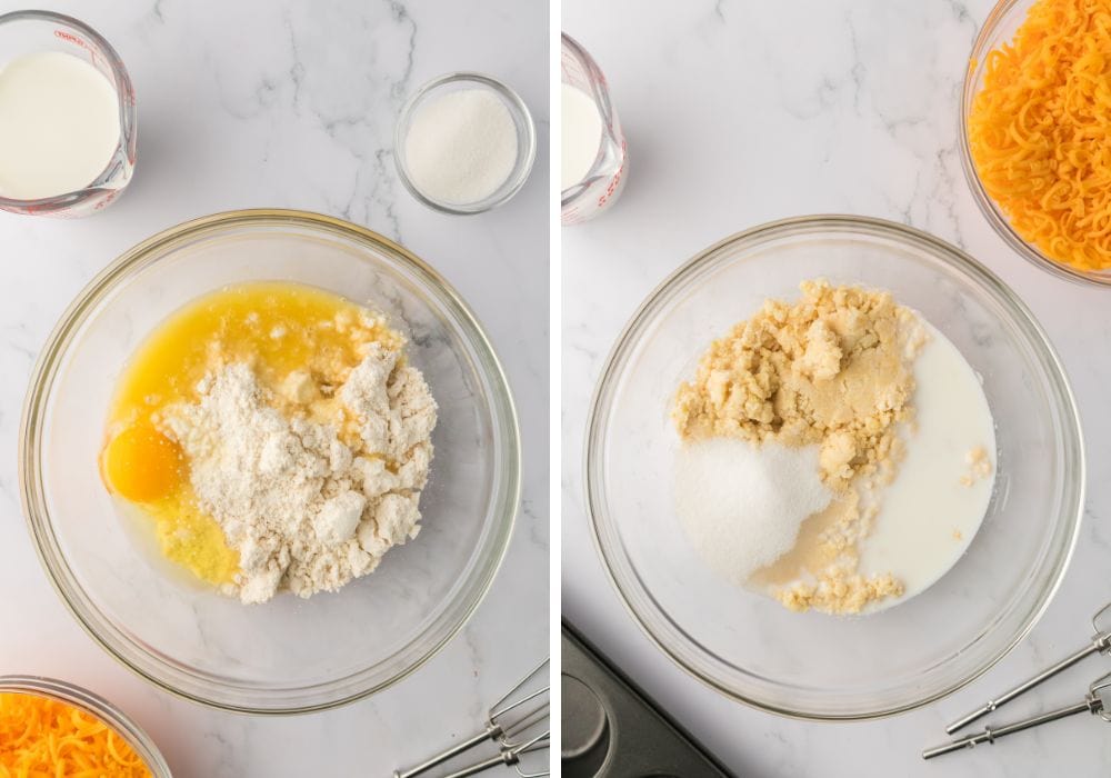 two photos; one shows Bisquick, egg, and butter in a mixing bowl; the other shows milk and sugar added to the mixture.