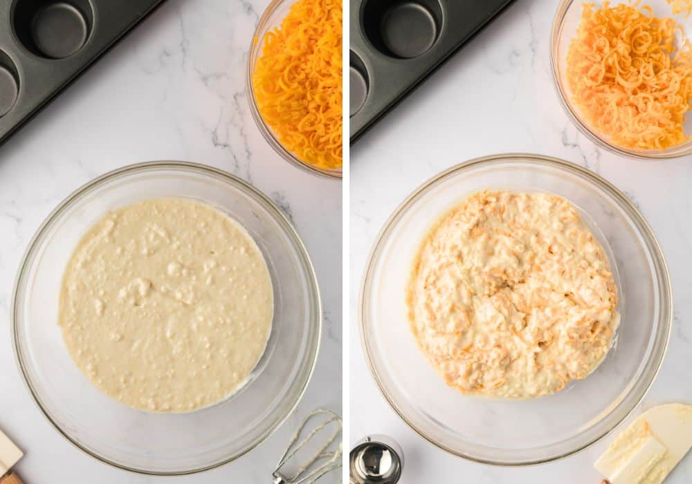 two photos; one shows batter for Bisquick cheesy muffins in a mixing bowl; the other shows the batter after cheese has been added.