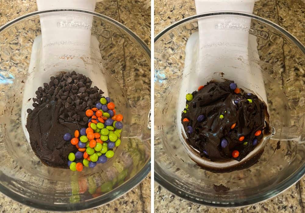two photos; one shows chocolate chips and M&Ms added to the bowl of cookie dough; the other shows the chocolate chips and candies mixed into the dough.