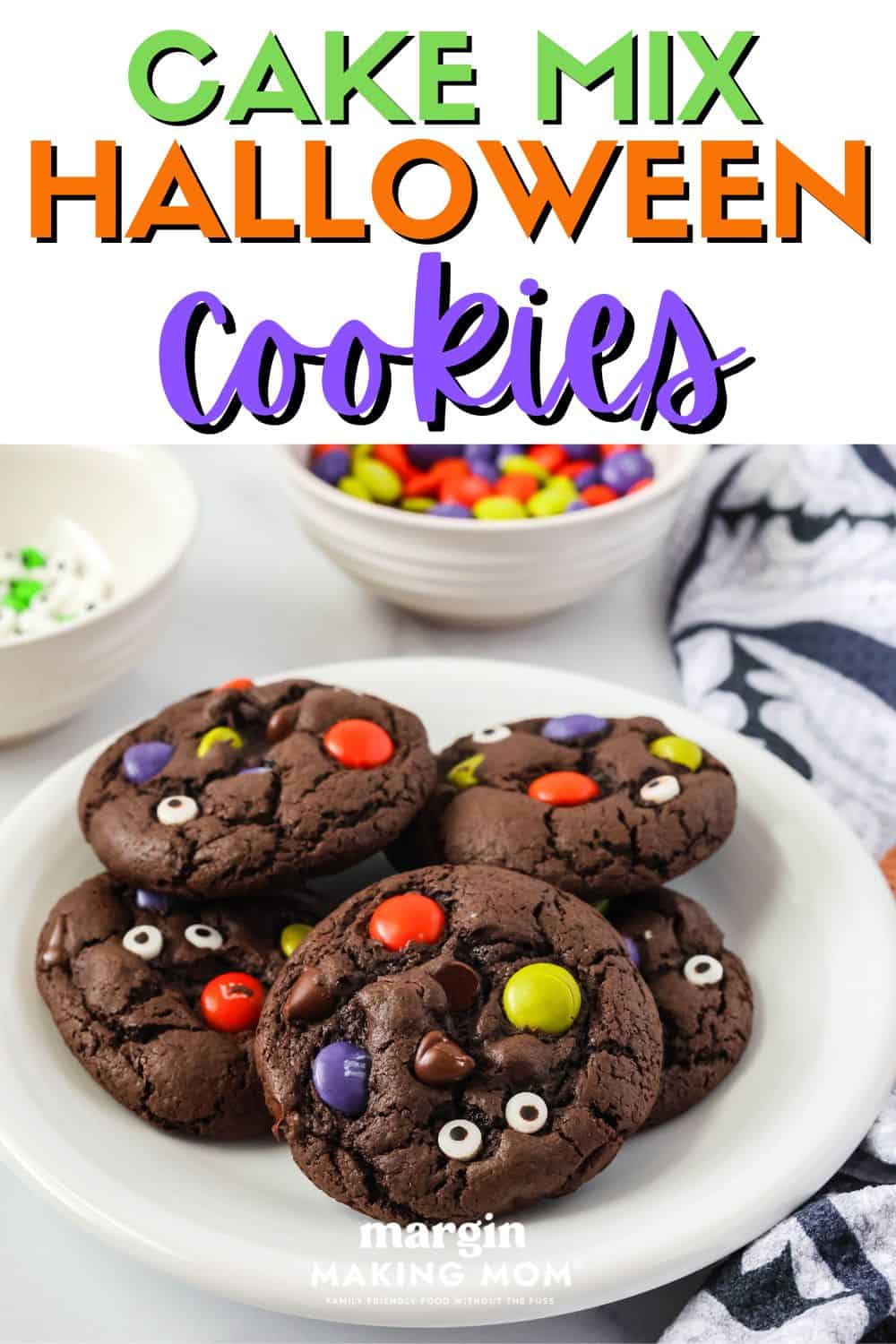 a plate of easy Halloween cookies made with chocolate cake mix.