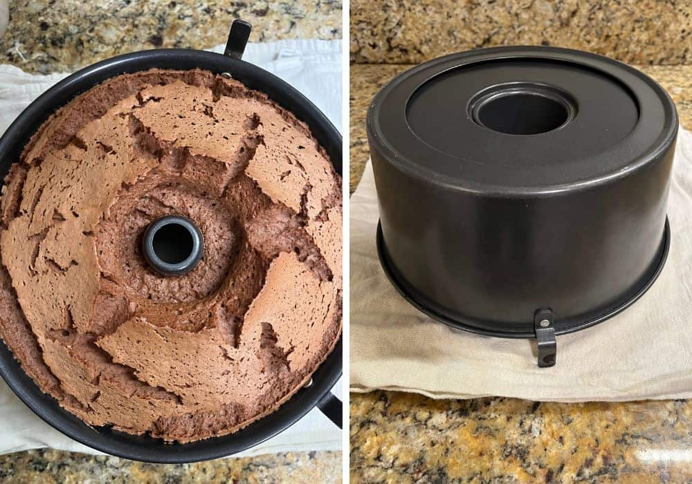two photos; one shows the freshly baked chocolate angel food cake still in the tube pan; the other shows the cake turned upside down to cool in the pan.