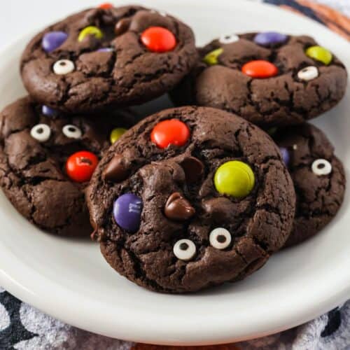 Chocolate cake mix Halloween cookies served on a white plate.