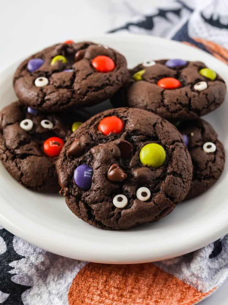 Chocolate cake mix Halloween cookies served on a white plate.