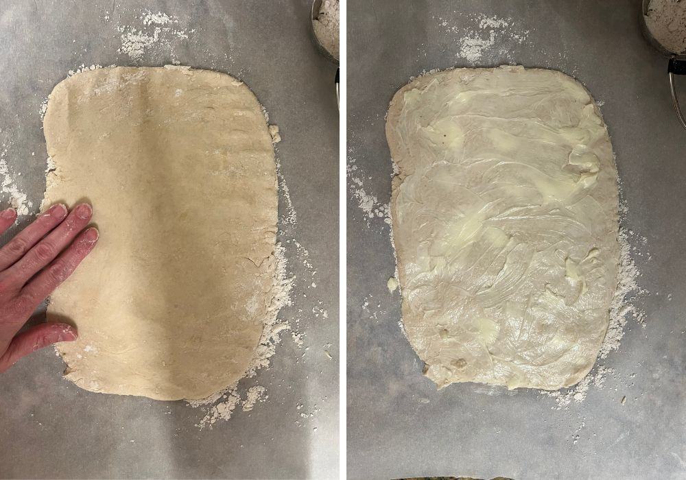two photos; one shows a hand patting Bisquick dough into a rectangle. The other shows softened butter spread over the surface of the dough.