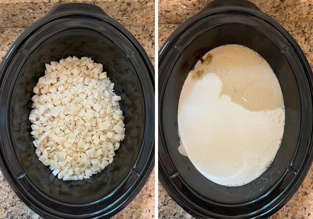 two photos; one shows an overhead view of frozen diced hash browns in a slow cooker; the other shows additional soup ingredients added to the slow cooker.